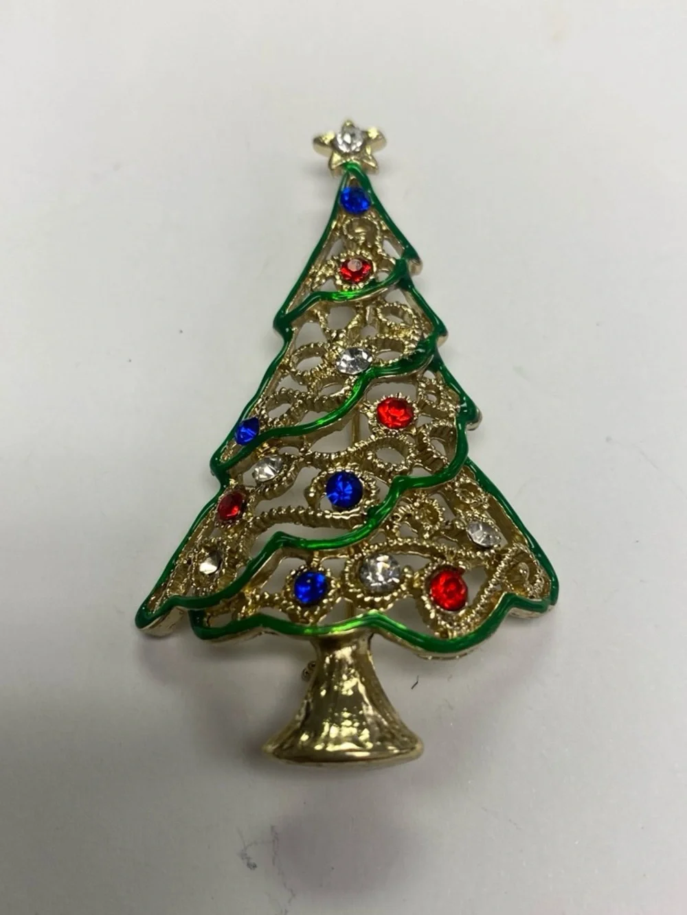 Gold and Green Christmas Tree Brooch with Red, Blue and Clear Accents